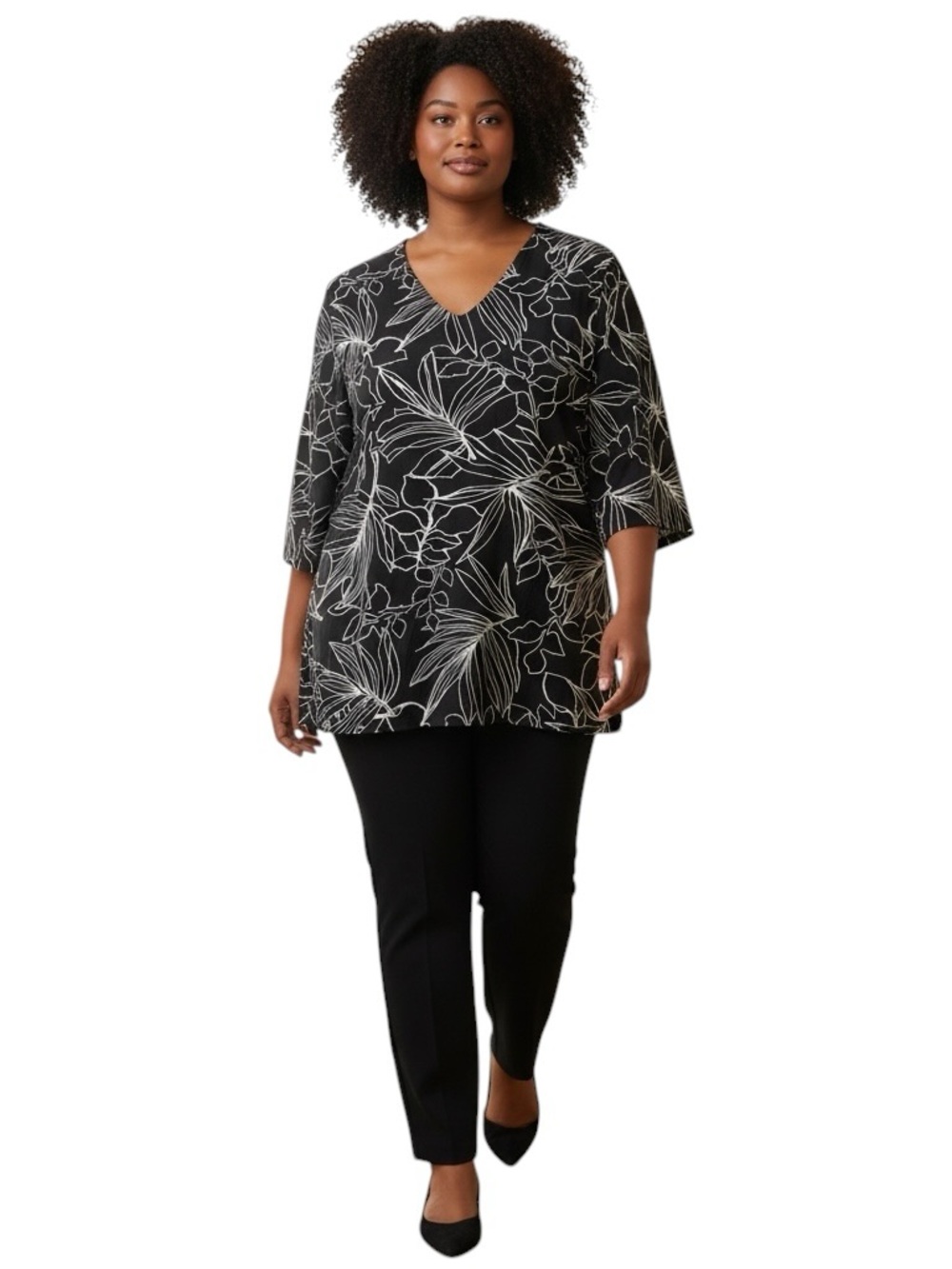 Chico’s Touch Of Cool Black White Line Floral Tunic Top NWT Size 4 XXL